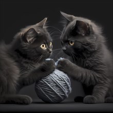 Small domestic cats play with a ball of yarn in front of a black background