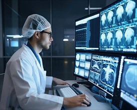 A doctor in a hospital evaluating AI-assisted medical diagnoses on large screens