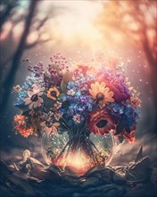 A large bouquet of flowers in a glass vase on the forest floor at sunset