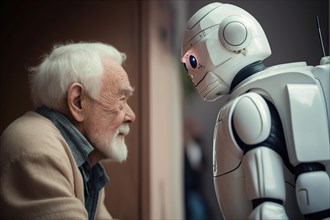 Nursing robot talks to a white-haired old man in a retirement home