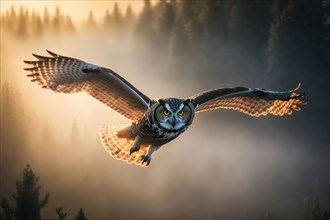 An eagle owl in flight