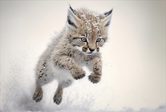A snow leopard cub jumping into the snow