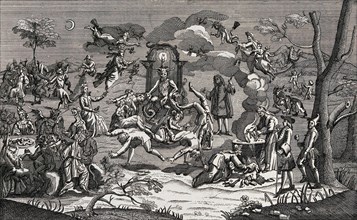 Satan sits on his throne in the middle of a witches sabbath