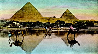 The pyramids in Egypt. Old autochrome photograph. Mid 19th century