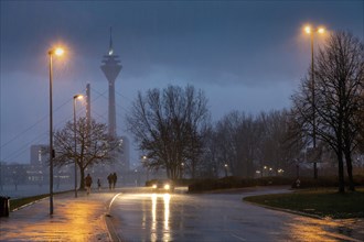 Heavy rain makes for difficult road conditions in Duesseldorf on the Rhine