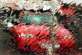 Indistinct view from the car through a rain-soaked window at a red car