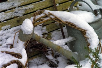Zinc watering can with snow cover in the garden
