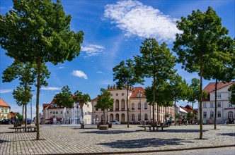 Lively scene in front of the town hall on the historic market square of Neustrelitz