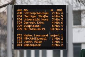 Display of arrival times at tram stops at Worringer Platz