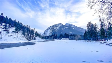 View at Bow River towards Mt. Rundle