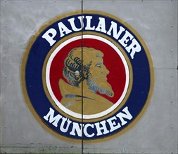 Logo Paulaner beer Munich on steel door