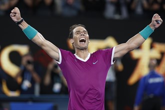 Spanish tennis player Rafael Nadal celebrates his victory at the Australian Open 2022 tennis tournament