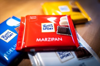 Ritter Sport chocolate packets lying on a kitchen worktop in Berlin