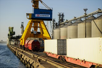 DB Cargo freight wagons stand in the port of Constanta. In the port of Constanta