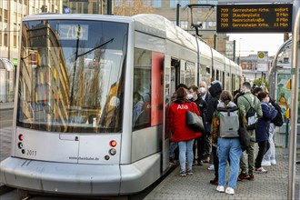 Tram stop Duesseldorf main station in rush hour traffic