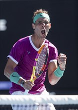 Spanish tennis player Rafael Nadal celebrates during the Australian Open 2022 tennis tournament