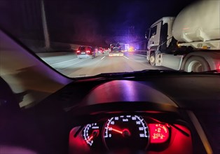 View from the car on the motorway at night