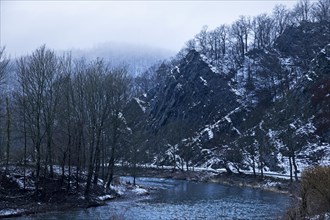 The river Lenne with the viewpoint of the Lenne loop in winter