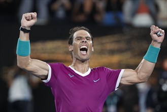 Spanish tennis player Rafael Nadal celebrates his victory at the Australian Open 2022 tennis tournament