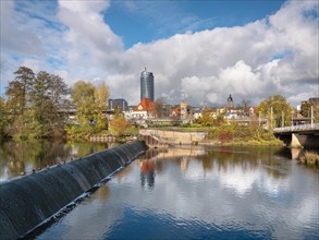City view of Jena with JenTower and weir at the river Saale