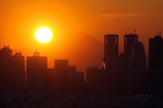 Sunset over Mount Fuji and Shinjuku skyscrapers Tokyo Japan Asia