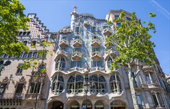 Facade of Casa Batllo by Antoni Gaudi and Casa Amatller