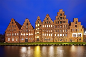 The historic salt warehouses on the Obertrave in the evening
