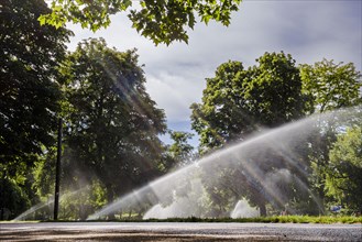 Symbolic photo on the subject of watering public green spaces. Lawn sprinklers water the Monbijoupark in Berlin Mitte. Berlin