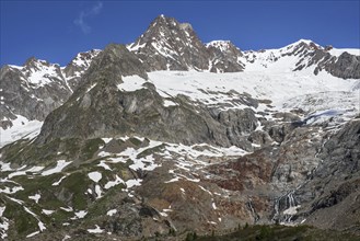 Retreating glacier on the Aiguille des Glaciers in the Mont Blanc massif in Val Veny in the Italian Alps