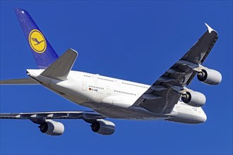 Airbus A380-800 of the airline Lufthansa taking off at Fraport Airport