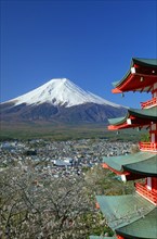 Mount Fuji and five story pagoda Fujiyoshida city Yamanashi Japan