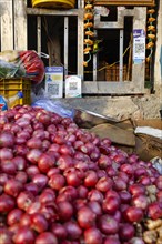 Onion stall with cashless payment logos in Paharganj