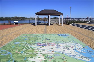 Water supply map on ground at lakeside Lake Tama-ko Murayama reservoir Higashi-Yamato city Tokyo Japan