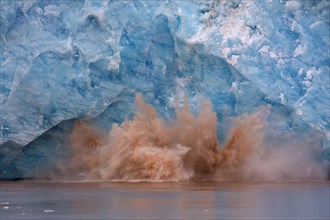 Huge ice chunk breaking from the edge of the Kongsbreen glacier calving into Kongsfjorden