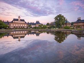 The Middle Palace and Water Palace of Pillnitz Palace in the Elbe Valley Reflected in Water Basin
