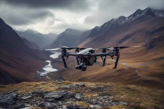 Drone in flight in a valley in the Alps