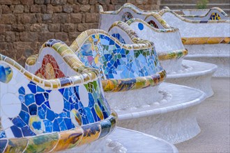 Benches with colourful mosaic