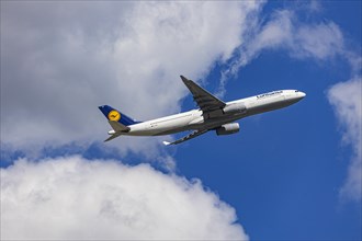 Airbus A330-300 of the airline Lufthansa taking off at Fraport Airport