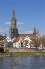 Danube and Danube Promenade with Ulm City Wall and behind Ulm Minster and the Fischerviertel Building