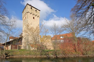 Historic witch's tower as a landmark on the Gersprenz stream from Babenhausen