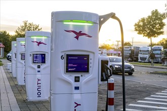 Electricity charging station of the provider Ionity at the motorway service area Neckarburg Ost on the motorway A81