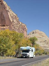 Motorhome driving through canyon on Highway 24