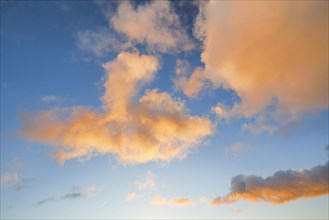 Orange spring clouds adorn the blue morning sky at sunrise