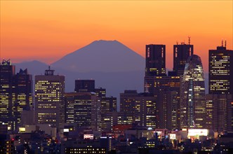 Mount Fuji and Shinjuku skyscrapers after Sunset Tokyo Japan Asia