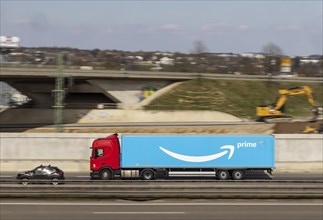Amazon truck on the road on the motorway