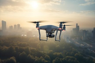 DJI Phantom 4 drone in flight over a city