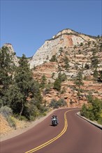 Motorcyclist riding a Harley Davidson without helmet on the panoramic Zion-Mt.Carmel Highway through bizarre rocky landscape