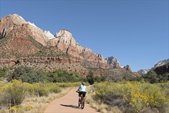 Woman riding mountain bike on Pa'rus Trail in Zion Canyon