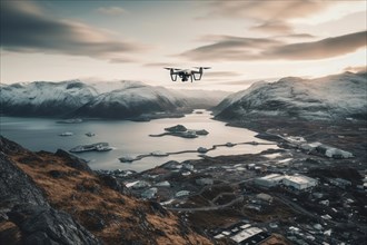 Drone in flight over a Norwegian city