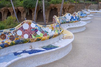 Benches with colourful mosaic